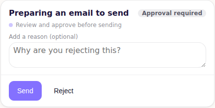 Pending email review with Send, Reject and an optional reason