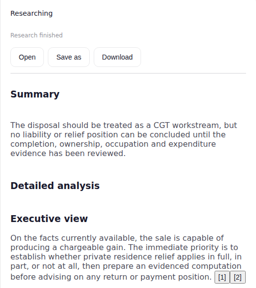 Completed technical research with a summary, detailed analysis, references and save actions