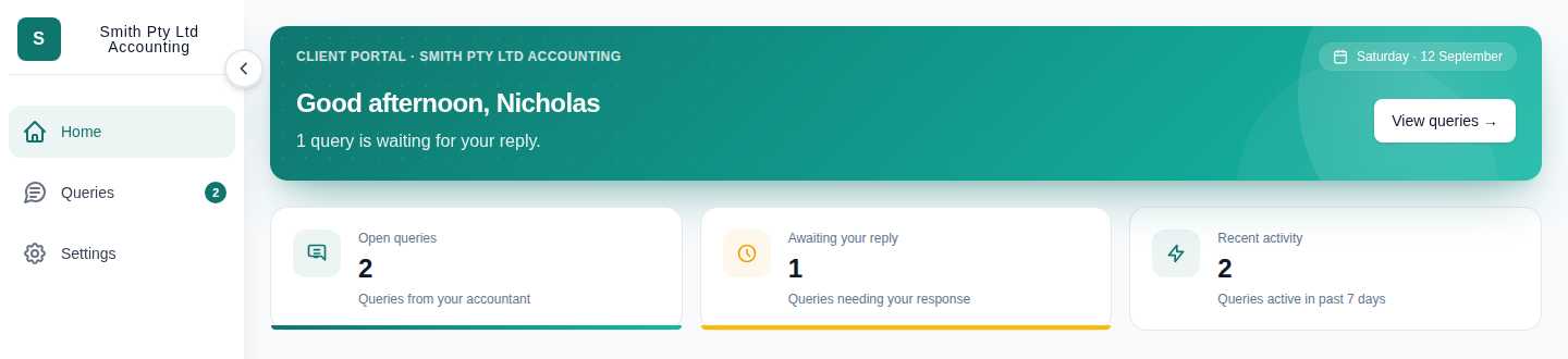 Client portal Home showing open Queries, replies needed and recent activity