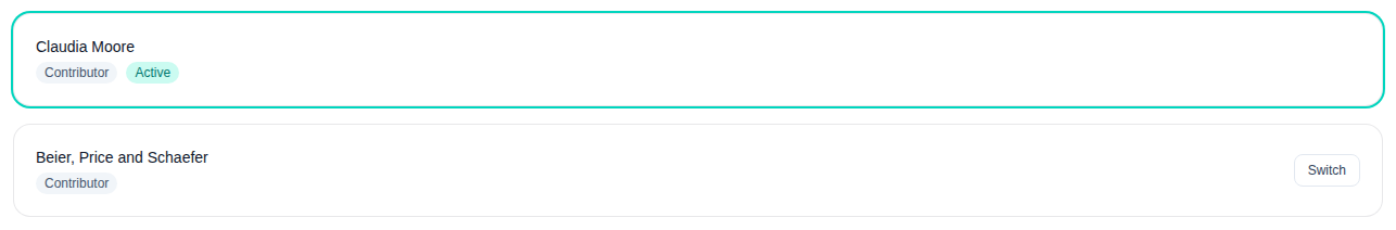 My organisations settings with the active organisation and a Switch action