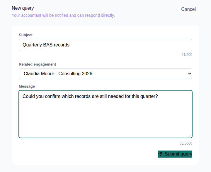 New Query form with Subject, Related engagement, Message and Submit query