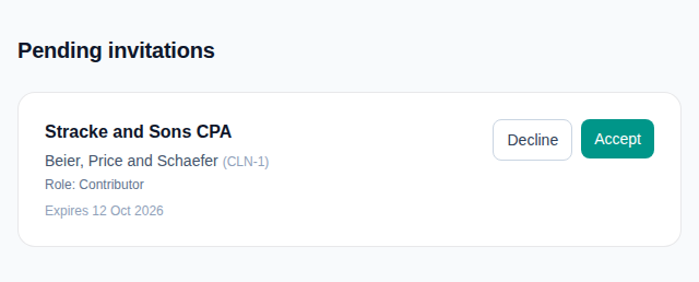 Pending Client portal invitation with Accept and Decline actions