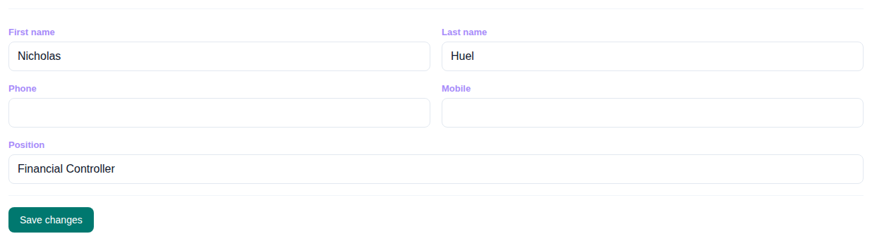 Client portal Profile settings with personal details and Save changes