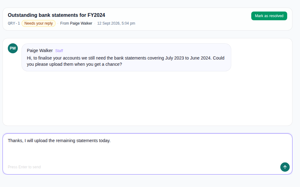 Client portal Query with message history, reply composer and Mark as resolved action