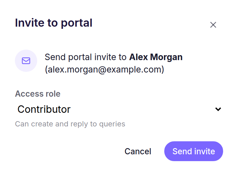 Invite to portal dialog with Contributor access selected for an example Contact
