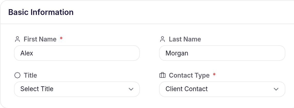 Contact Details form showing name and Contact Type fields