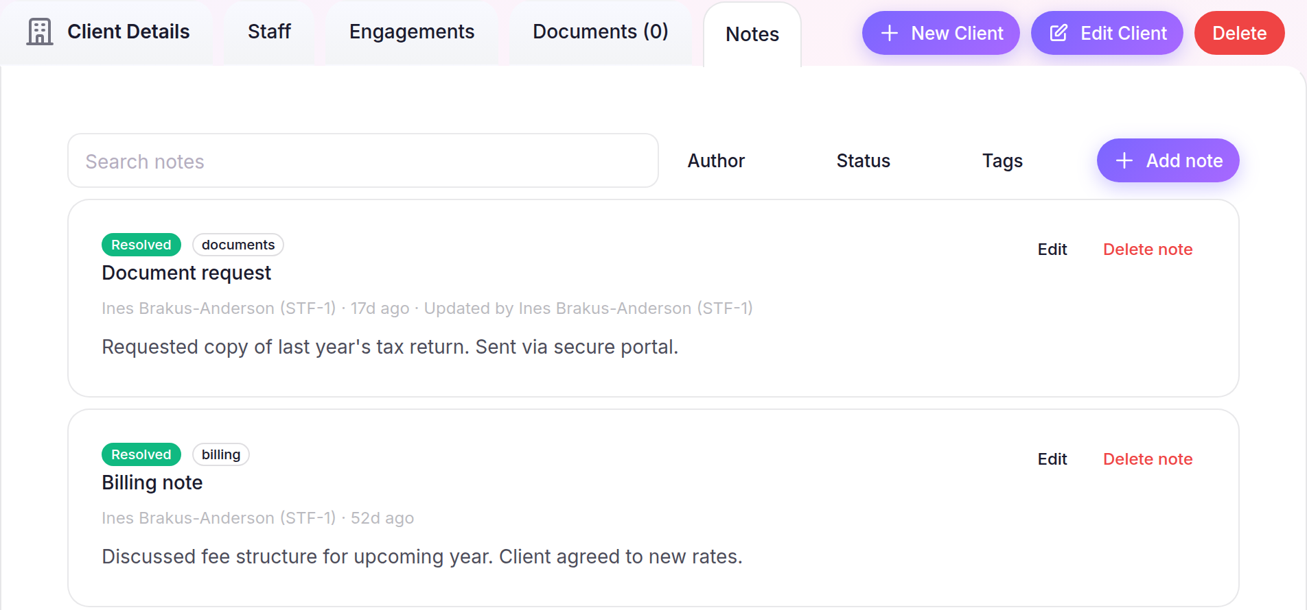 Client Notes tab with search, filters and two organised notes