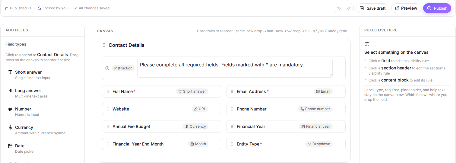 Cheku template Builder with form sections and Save draft, Preview and Publish actions