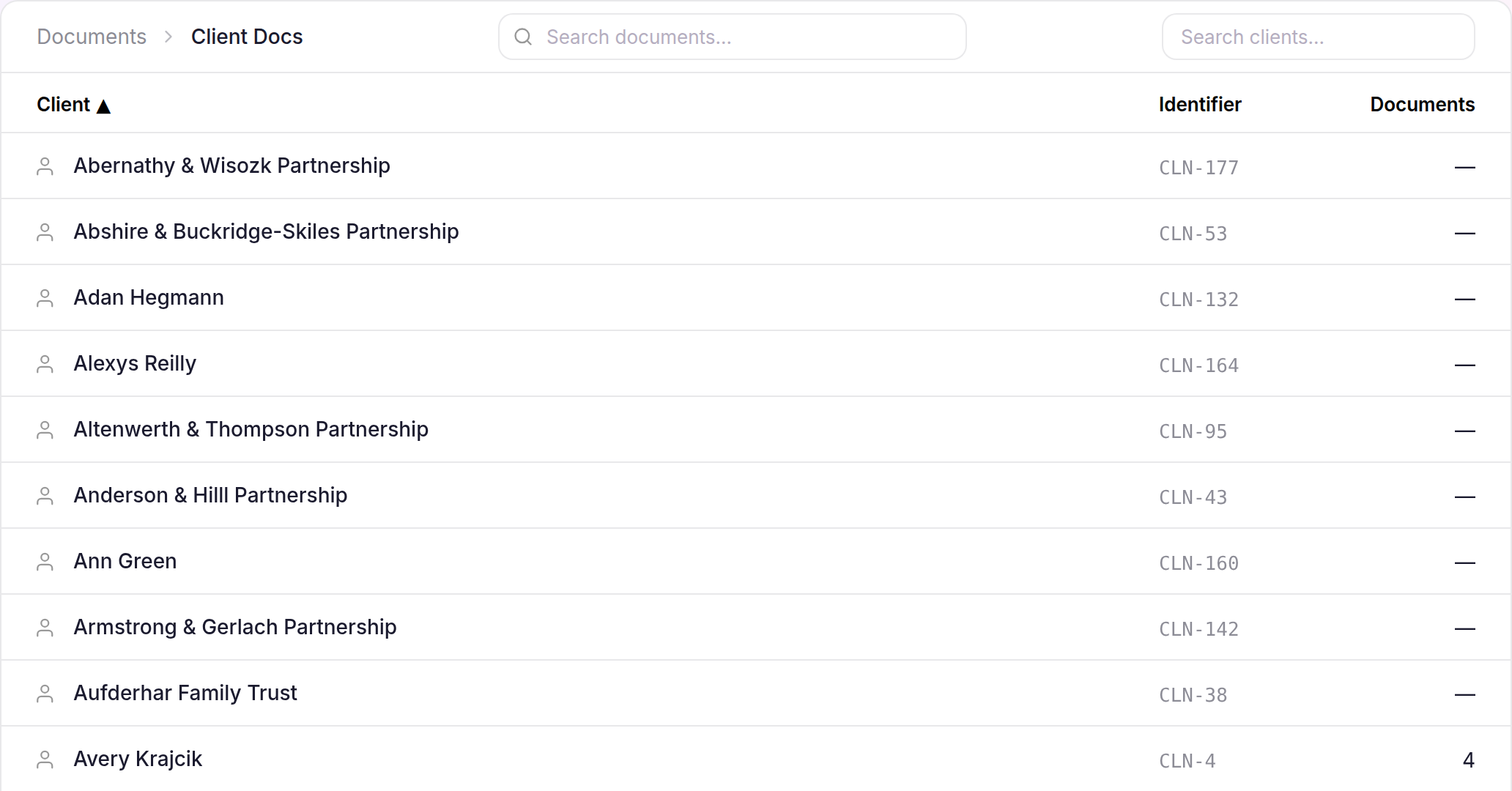 Client Docs explorer with breadcrumb, client search and Client rows