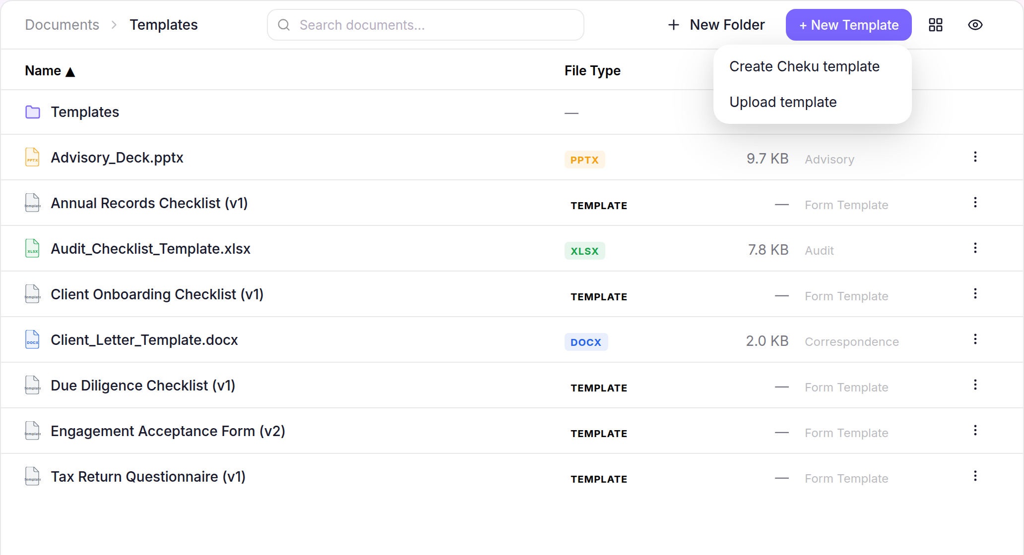 Templates library with the New Template menu offering create and upload choices