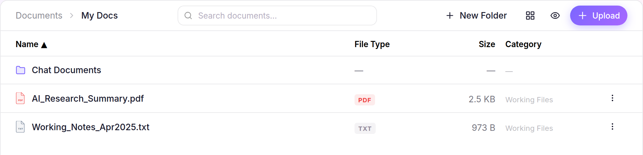 My Docs explorer with Search documents, New Folder, Upload and document rows