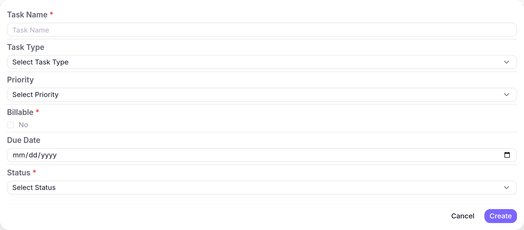 New Engagement Task form with Task Name, Task Type, Priority, Billable, Due Date and Status