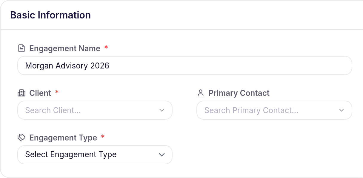Engagement Details form with fields for Engagement Name, Client, Primary Contact, and Engagement Type