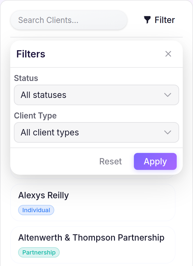 Client list with the Search Clients field and Filters panel open