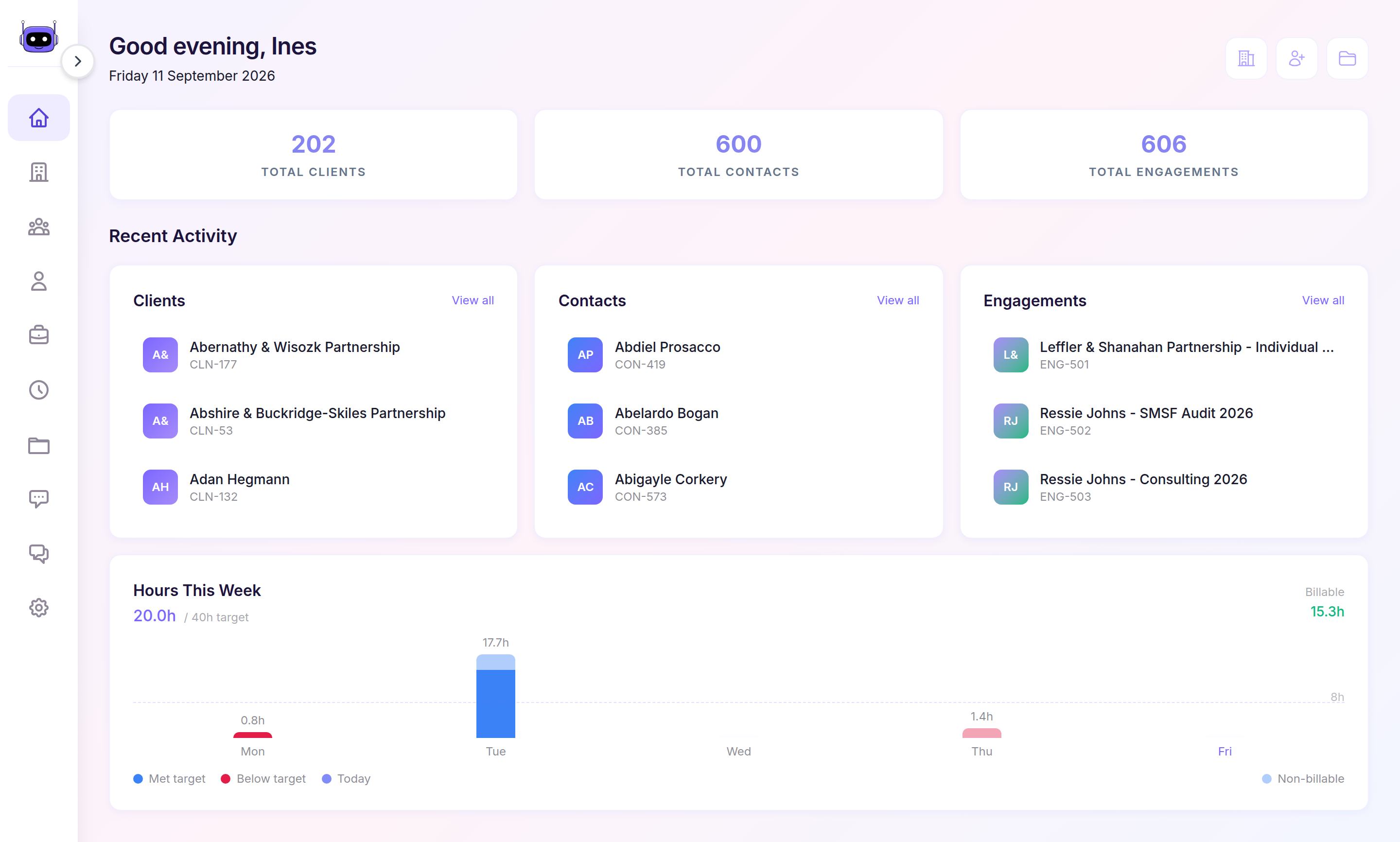 Home with the compact sidebar, firm overview cards, recent activity, and weekly hours
