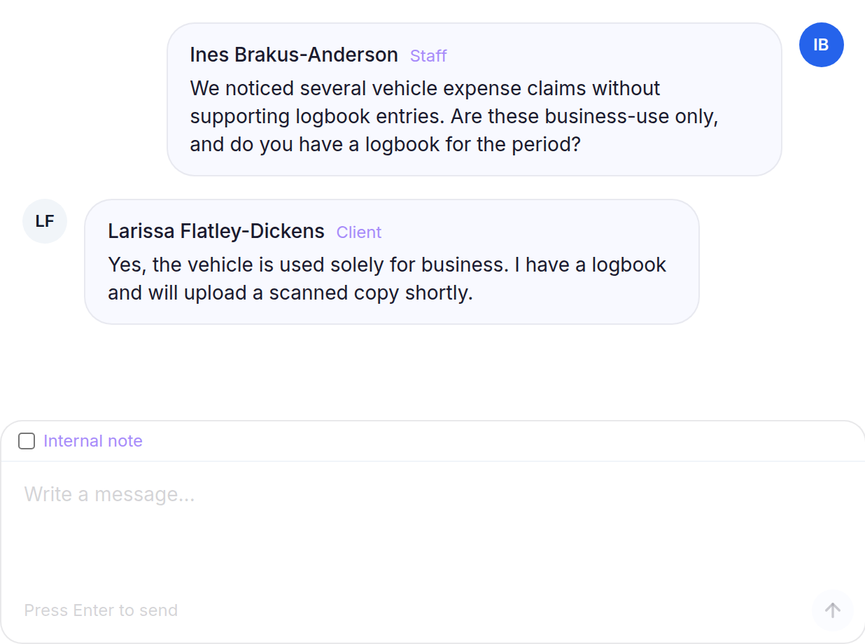 Query timeline with Staff and Client messages above the reply composer