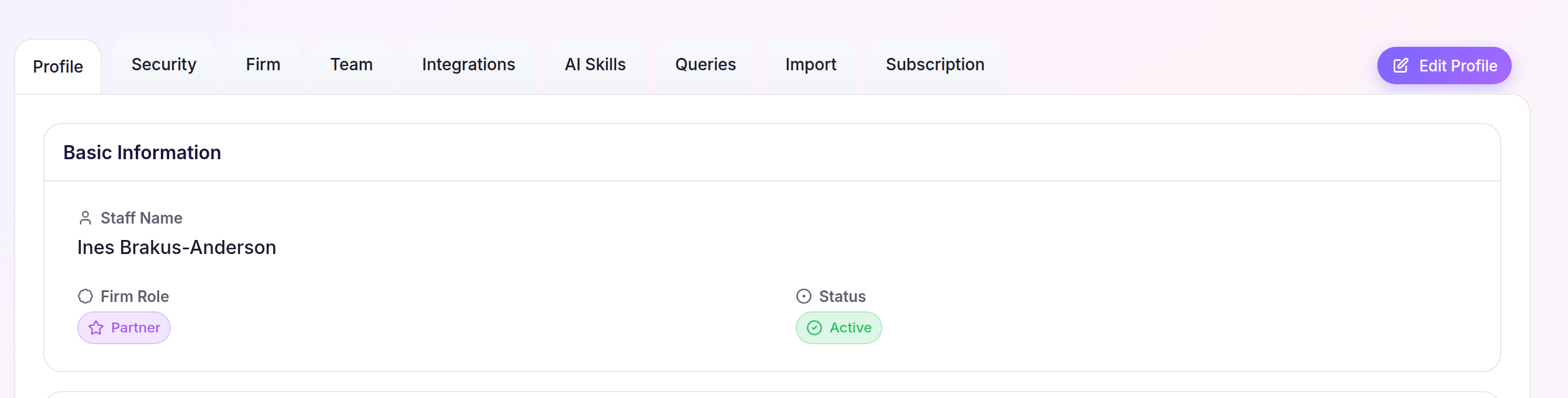 Profile settings with Staff details and the Edit Profile action