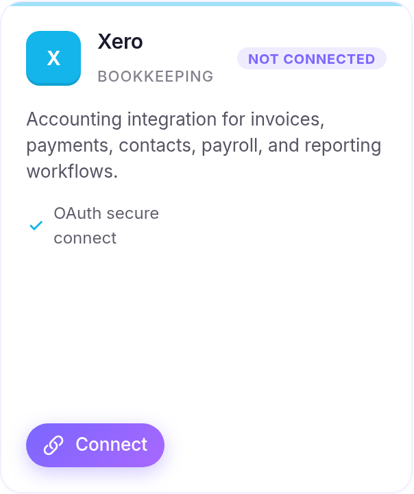 Xero integration card with connection status and Connect action