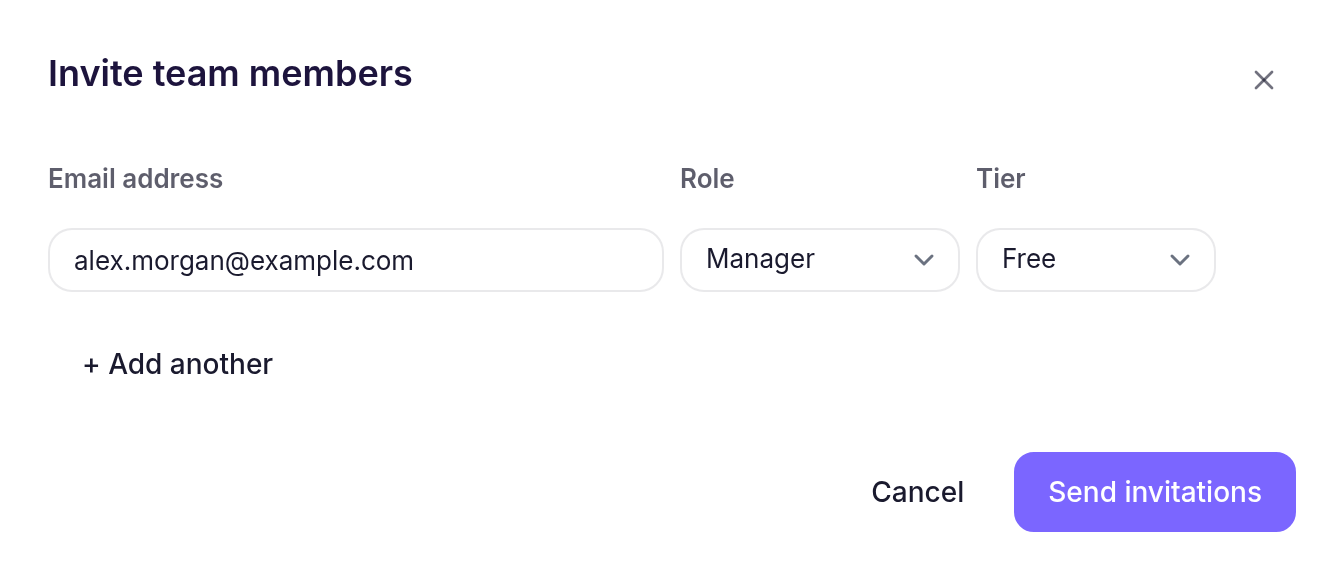 Invite team members dialog with email, Role and Tier fields