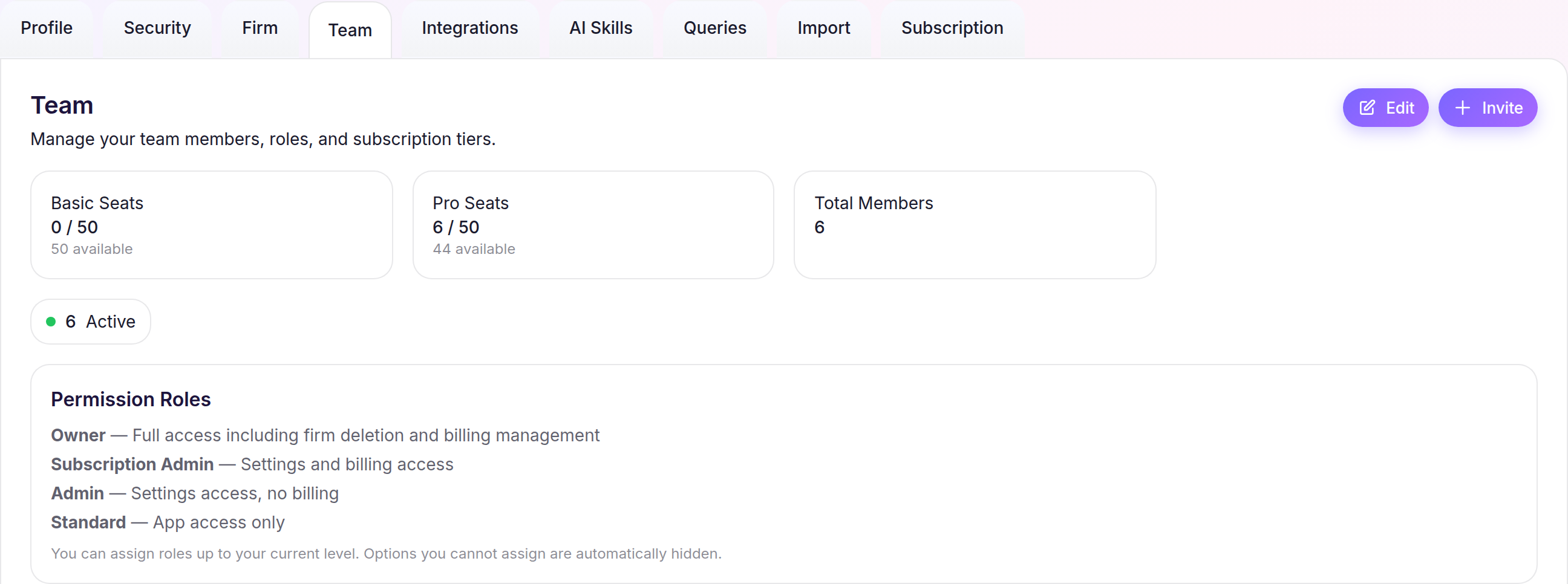 Team settings showing available seats and the Invite button