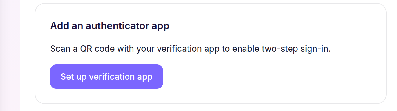 Authenticator app setup card with the Set up verification app action