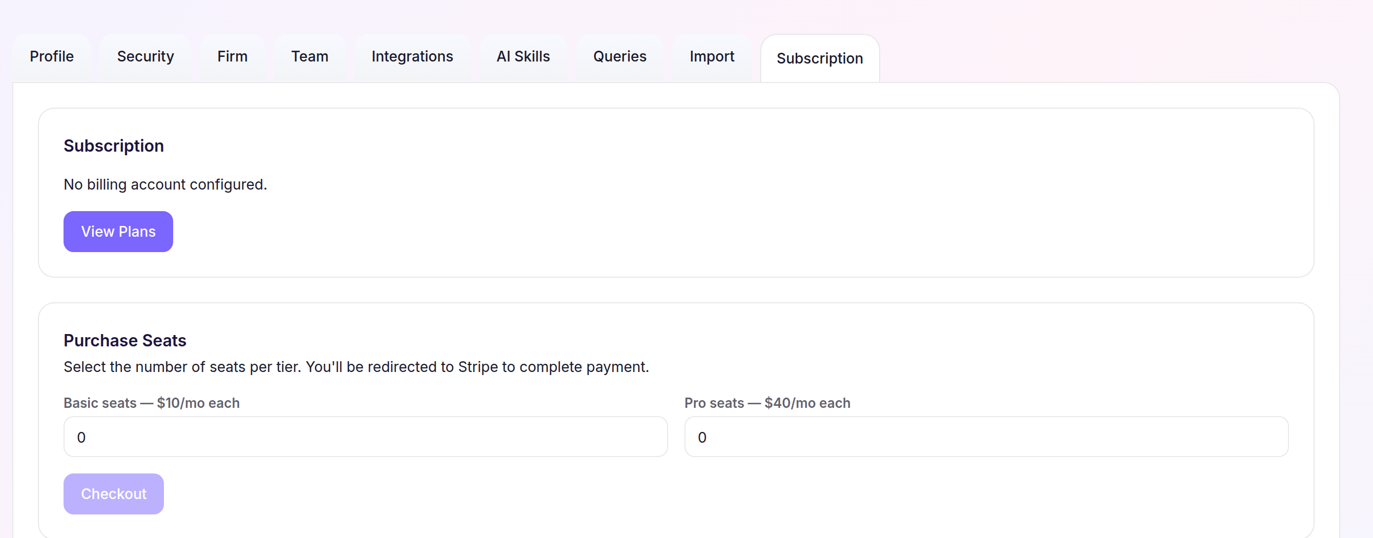 Subscription settings showing no billing account and purchase controls for Basic and Pro seats