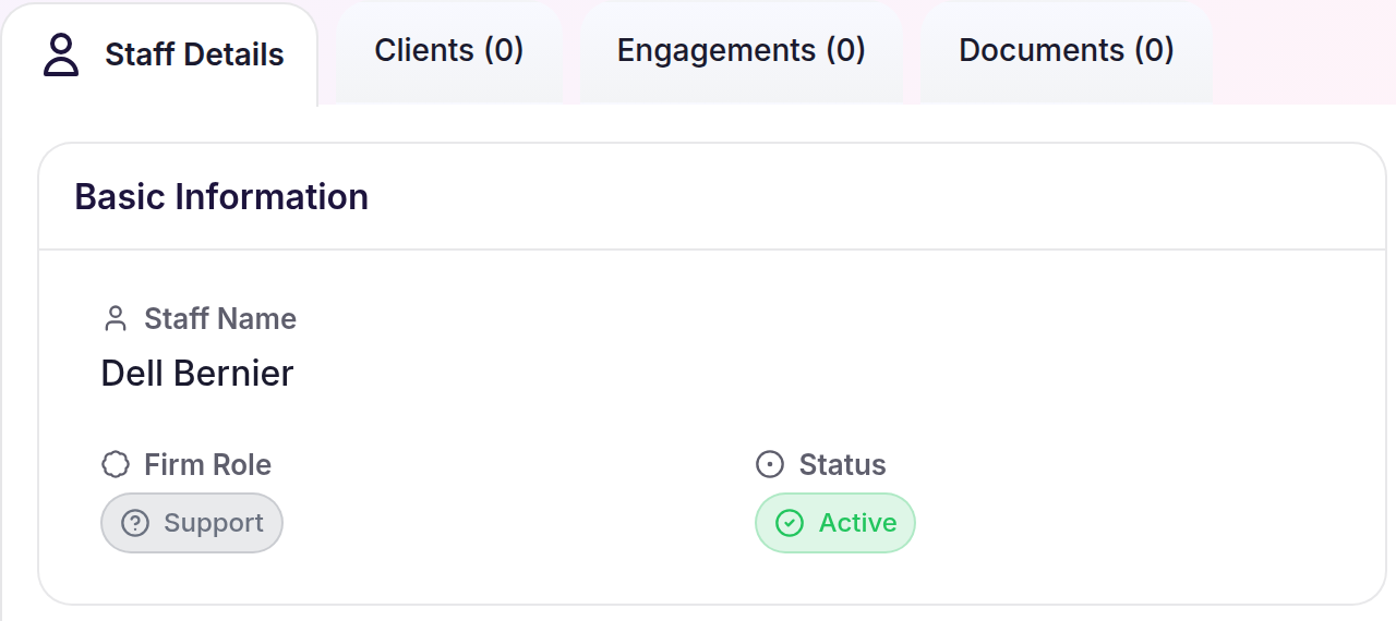 Staff Details with tabs for Clients, Engagements and Documents
